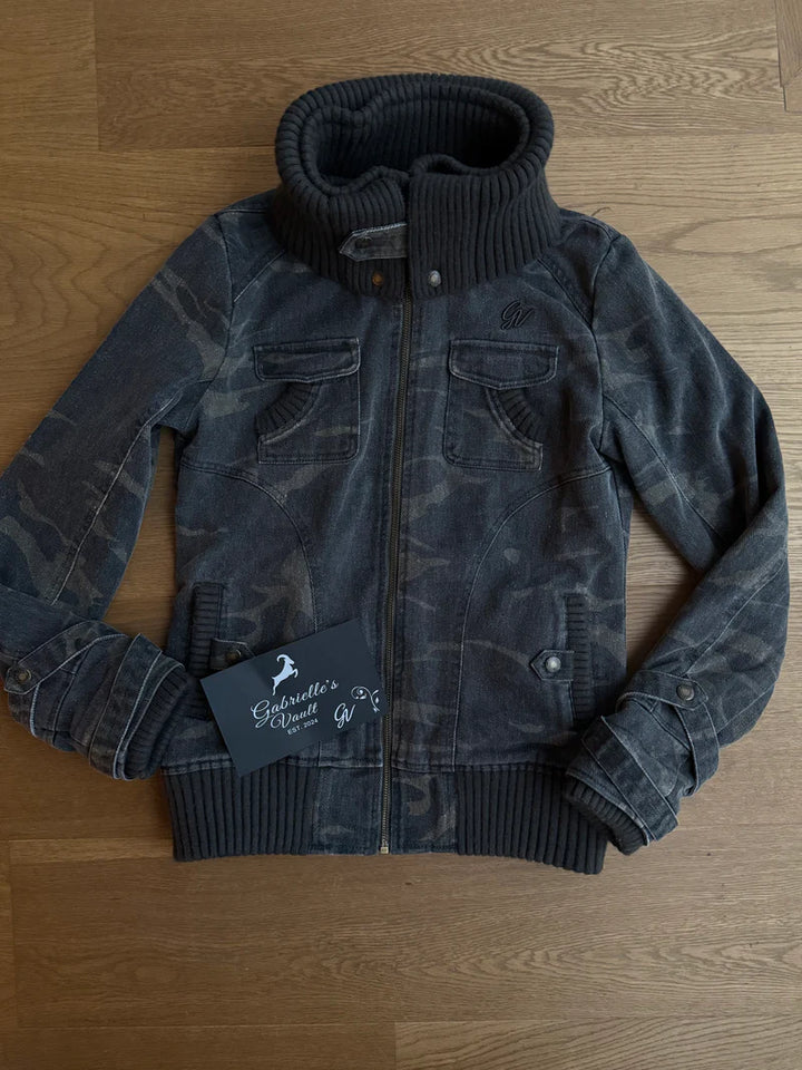 Ribbed Collar Cargo Jacket – 2000s Zip-Up Utility Outerwear with Pockets
