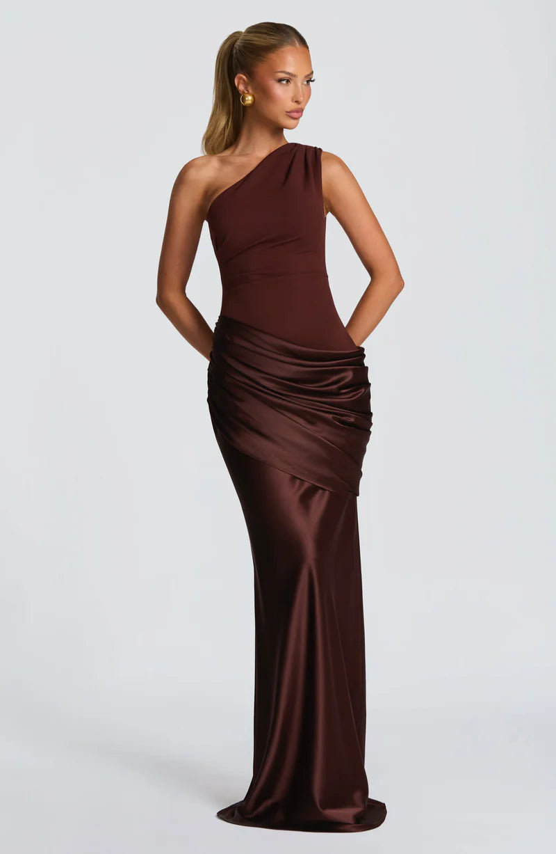 Selene Maxi Dress – One Shoulder Ruched Satin Evening Gown | Elegant Fit
