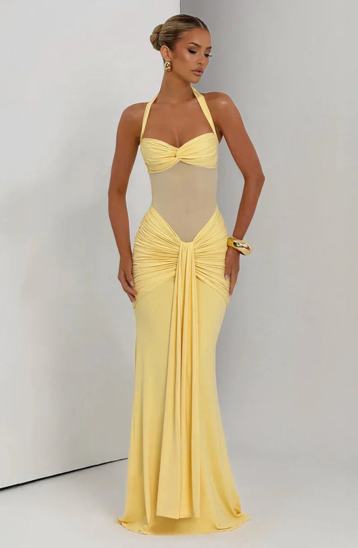Siren Hourglass Gown – Halter Ruched Maxi Dress for Formal & Night Out Glam