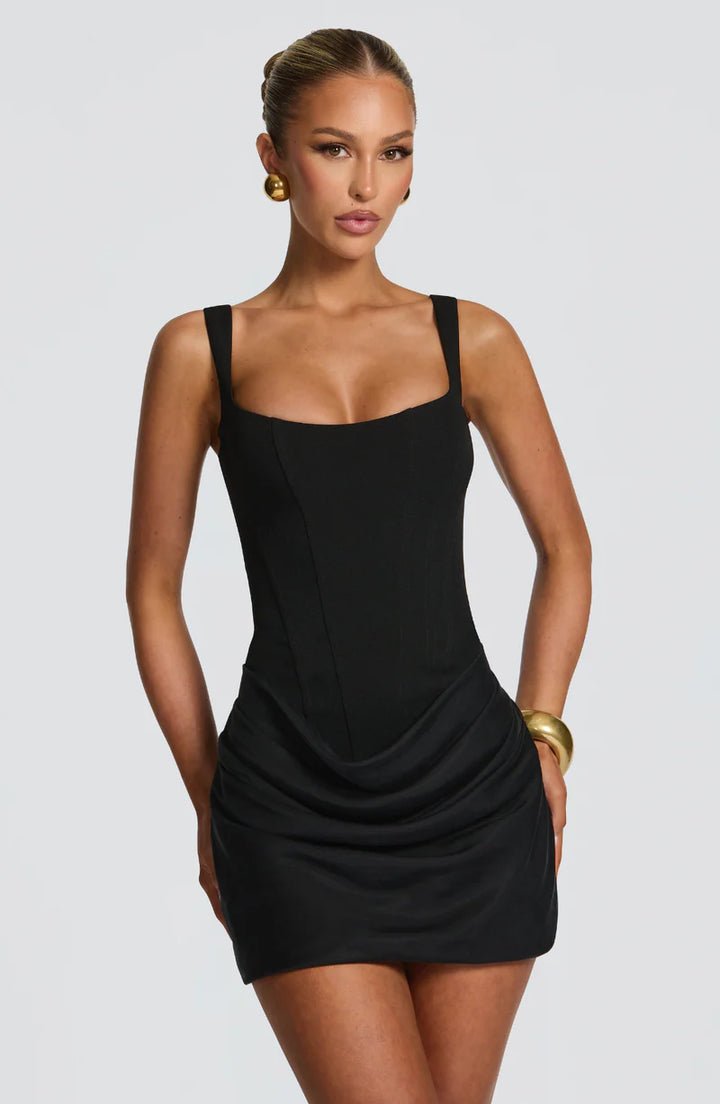 Hourglass Mini Dress – Corset Style Ruched Satin Party Outfit | Sculpted Fit