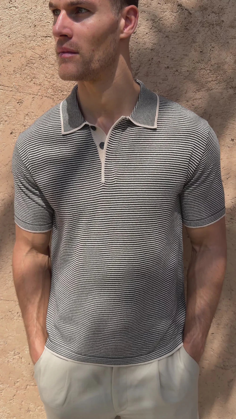 Striped Linen Polo Shirt – Contrast Trim Half Placket Knit Tee