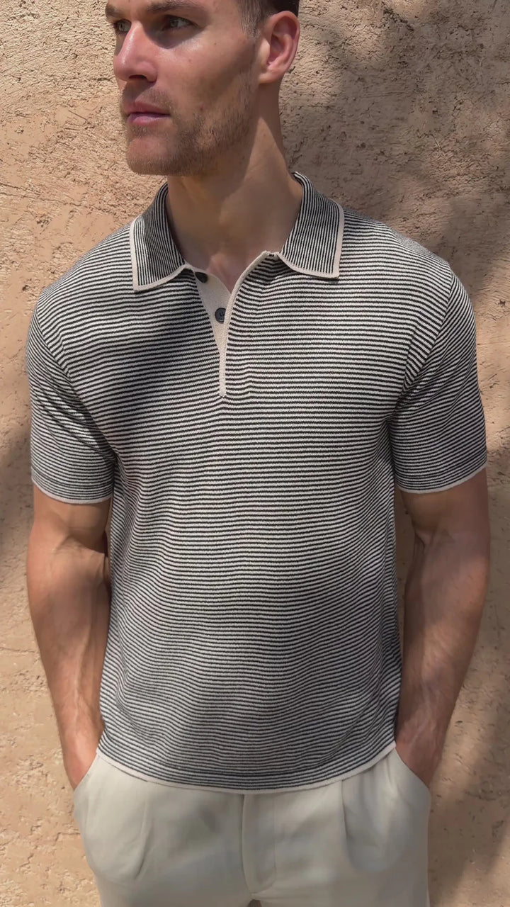 Striped Linen Polo Shirt – Contrast Trim Half Placket Knit Tee