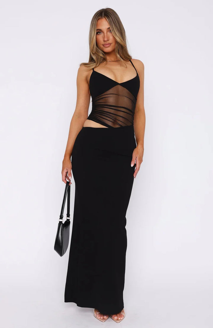 Mesh Panel Maxi Dress – Ruched Cutout Bodycon Evening Dress | Stretch Fit