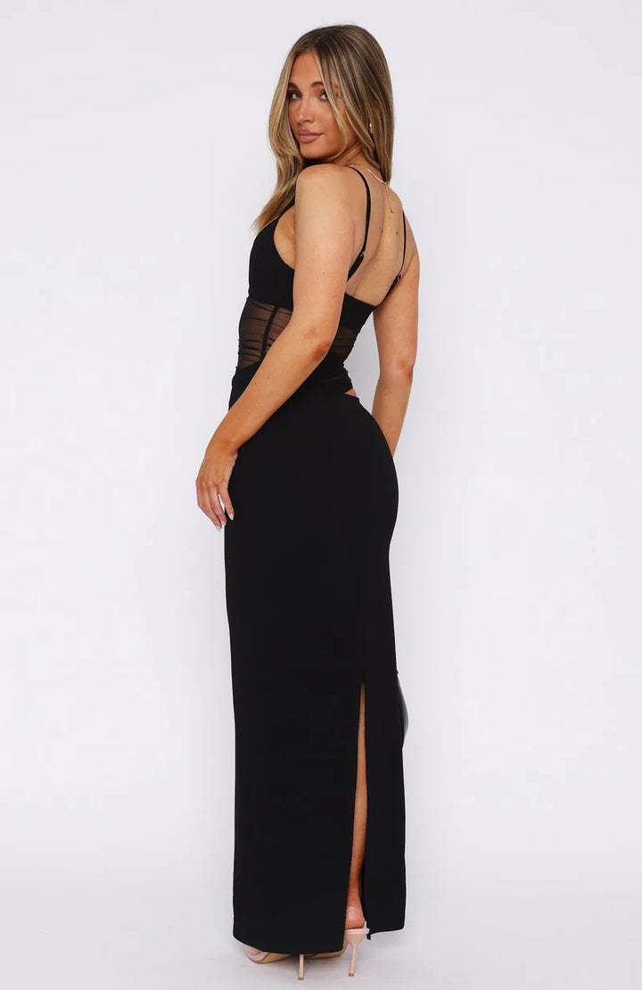 Mesh Panel Maxi Dress – Ruched Cutout Bodycon Evening Dress | Stretch Fit