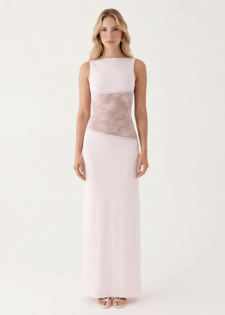 Lace Mesh Maxi Dress – Open Back Sheer Panel Evening Dress | Elegant Fit