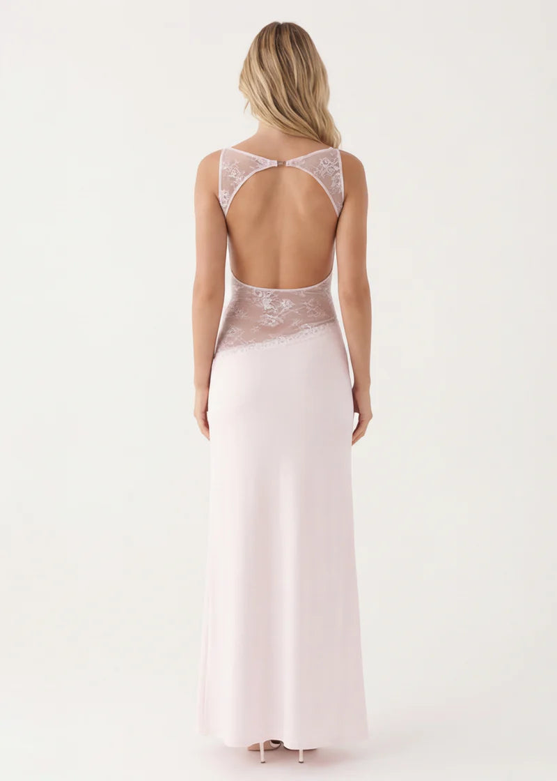 Lace Mesh Maxi Dress – Open Back Sheer Panel Evening Dress | Elegant Fit