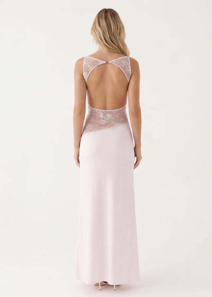 Lace Mesh Maxi Dress – Open Back Sheer Panel Evening Dress | Elegant Fit