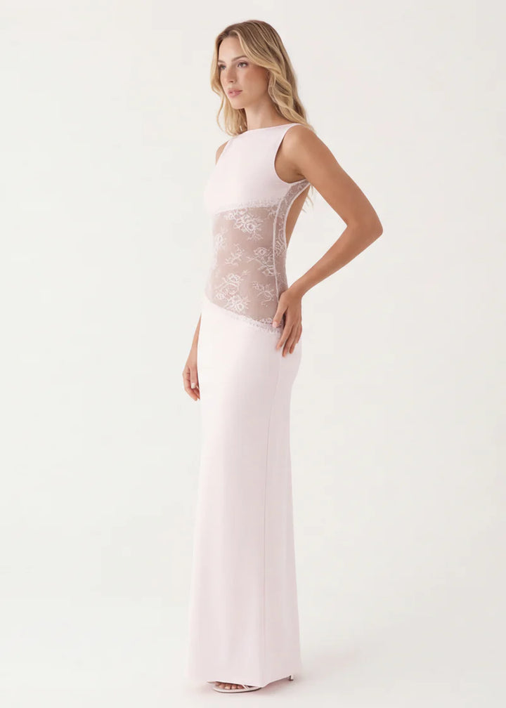 Lace Mesh Maxi Dress – Open Back Sheer Panel Evening Dress | Elegant Fit