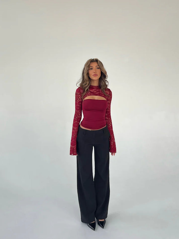 Lace Long Sleeve Top – Cutout Mesh Layered Going Out Shirt | Flattering Fit
