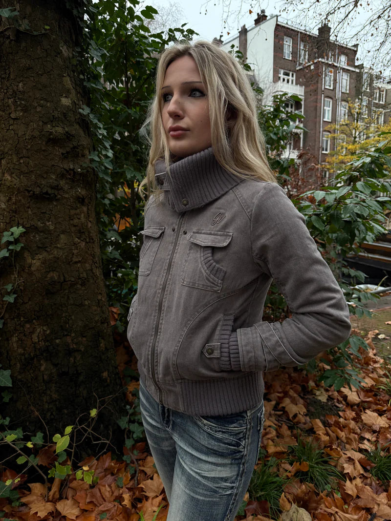 Ribbed Collar Cargo Jacket – 2000s Zip-Up Utility Outerwear with Pockets