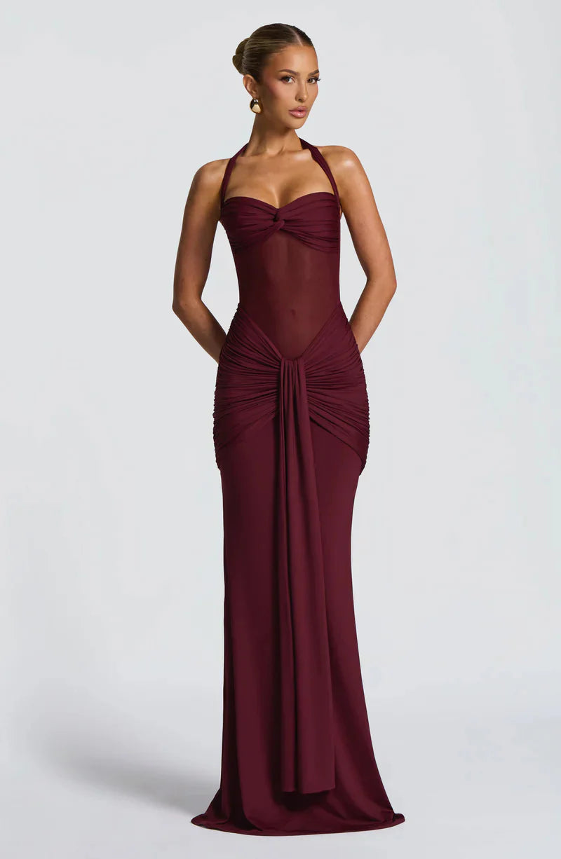 Siren Hourglass Gown – Halter Ruched Maxi Dress for Formal & Night Out Glam