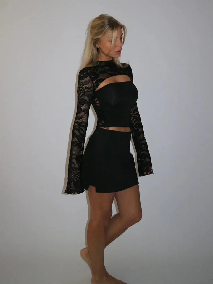 Lace Long Sleeve Top – Cutout Mesh Layered Going Out Shirt | Flattering Fit