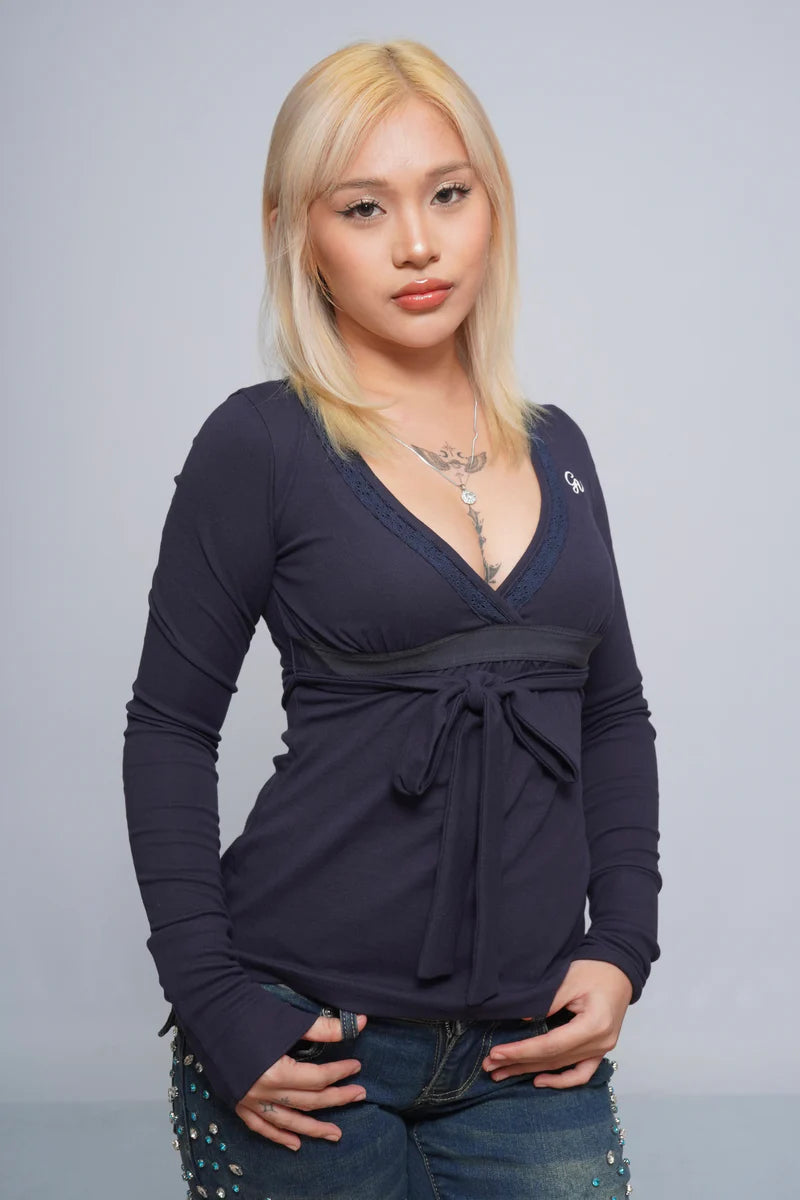 Bow Tie Babydoll Top – Wrap V-Neck Long Sleeve Stretch Waist-Tie Shirt