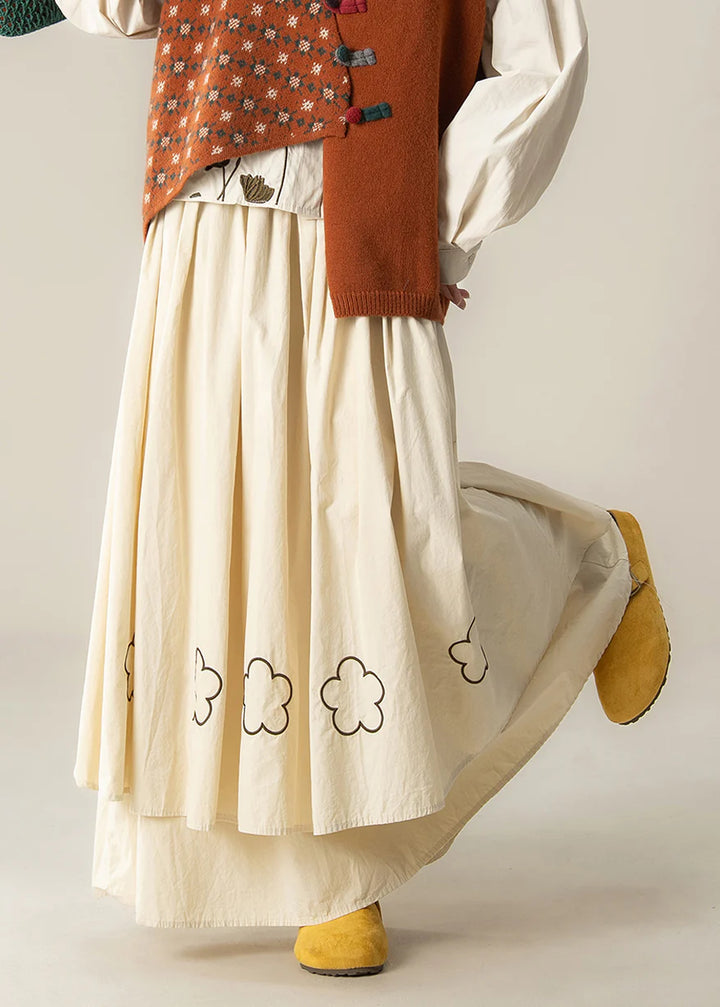 Beige Embroidered Cotton Skirt – Extra Large Hem Spring Maxi