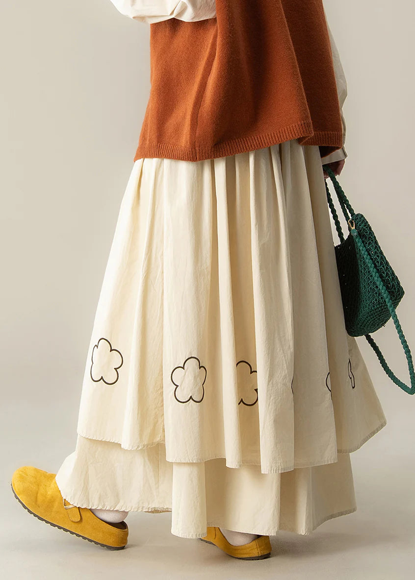 Beige Embroidered Cotton Skirt – Extra Large Hem Spring Maxi