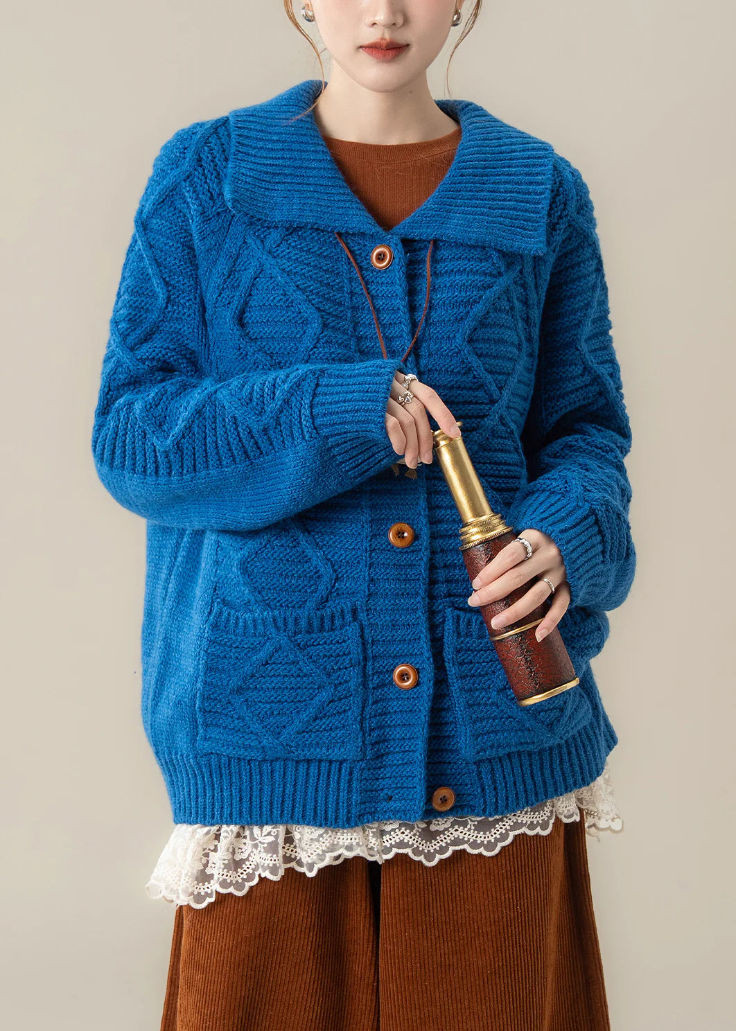 Blue Cable Knit Coat – Loose Winter Cardigan with Peter Pan Collar & Pockets