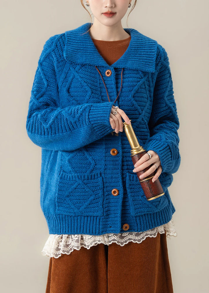 Blue Cable Knit Coat – Loose Winter Cardigan with Peter Pan Collar & Pockets