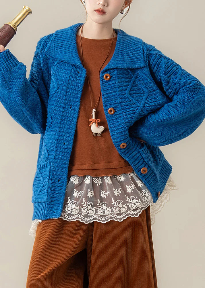 Blue Cable Knit Coat – Loose Winter Cardigan with Peter Pan Collar & Pockets