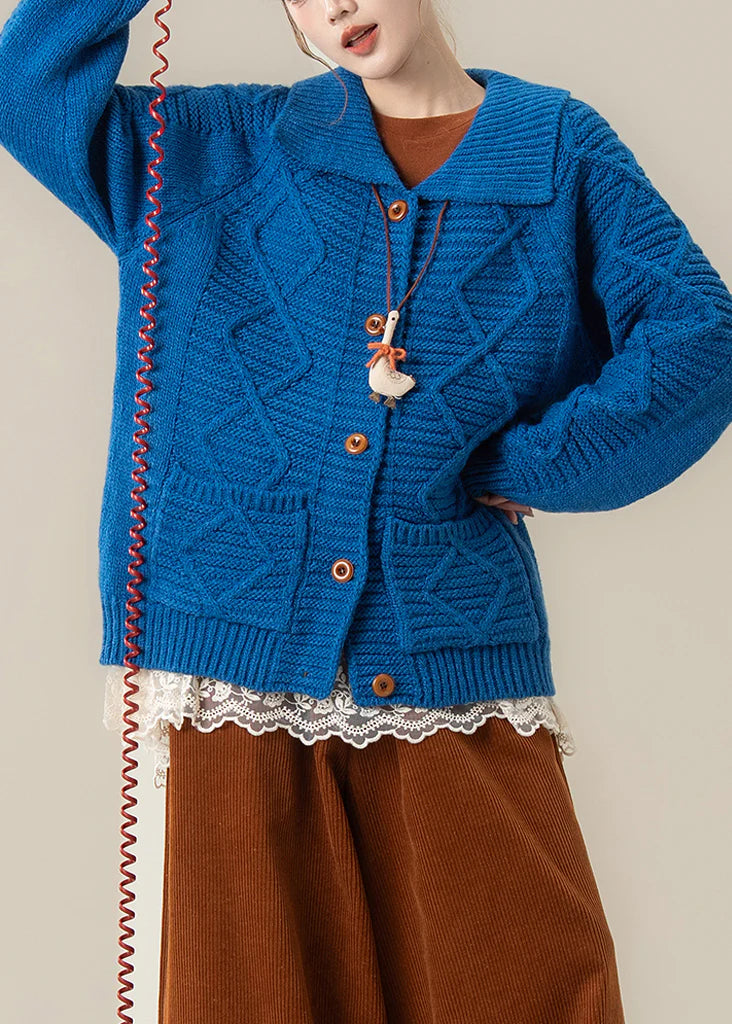 Blue Cable Knit Coat – Loose Winter Cardigan with Peter Pan Collar & Pockets