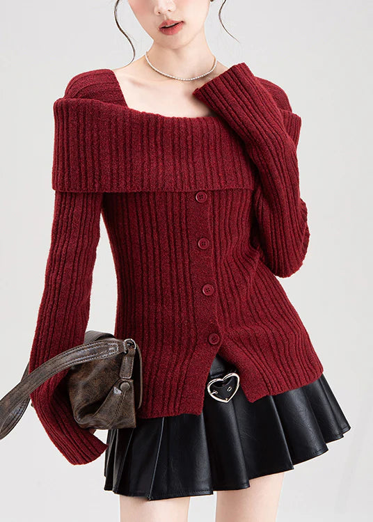 Square Collar Knit Cardigan – Ribbed Side Open Winter Button-Up Sweater