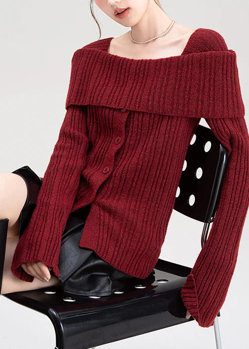 Square Collar Knit Cardigan – Ribbed Side Open Winter Button-Up Sweater