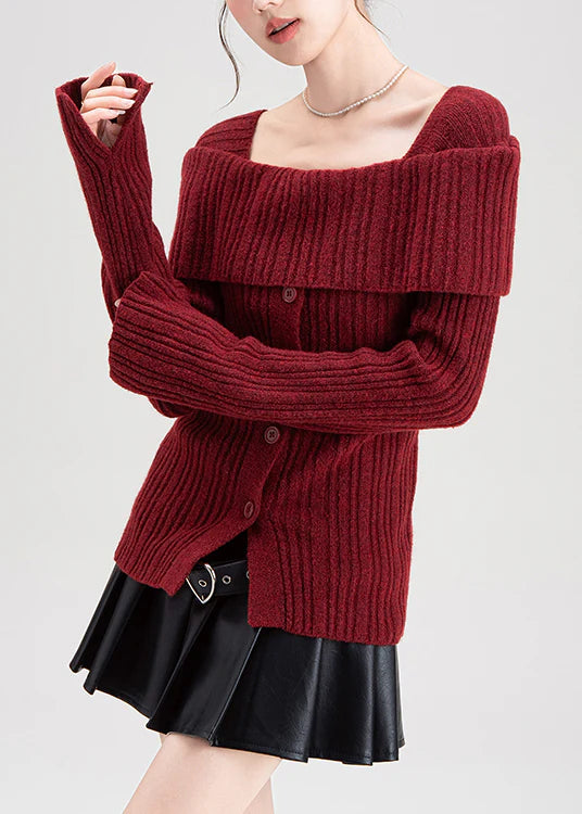 Square Collar Knit Cardigan – Ribbed Side Open Winter Button-Up Sweater