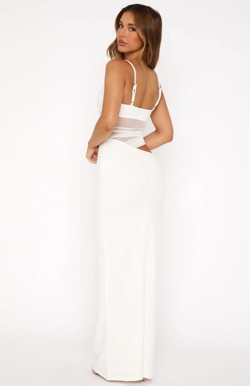 Mesh Panel Maxi Dress – Ruched Cutout Bodycon Evening Dress | Stretch Fit