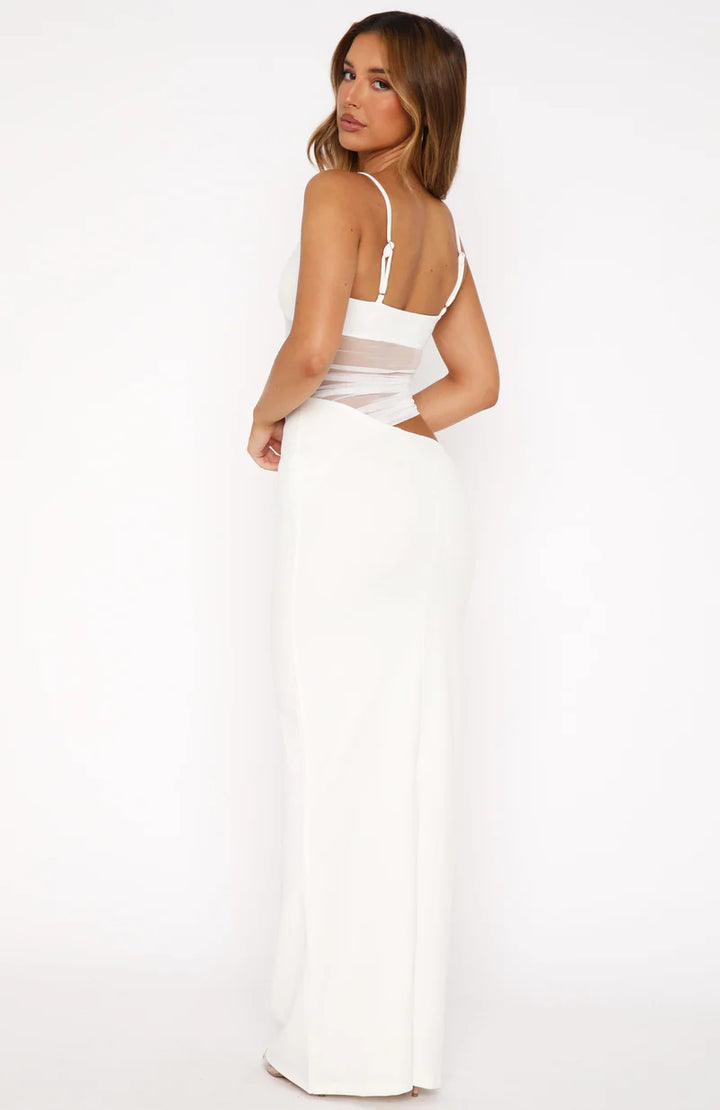 Mesh Panel Maxi Dress – Ruched Cutout Bodycon Evening Dress | Stretch Fit