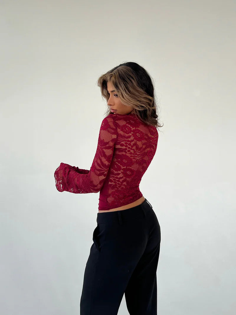 Lace Long Sleeve Top – Cutout Mesh Layered Going Out Shirt | Flattering Fit