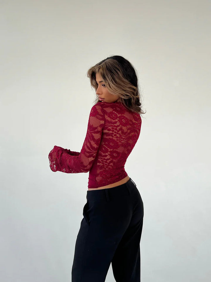 Lace Long Sleeve Top – Cutout Mesh Layered Going Out Shirt | Flattering Fit
