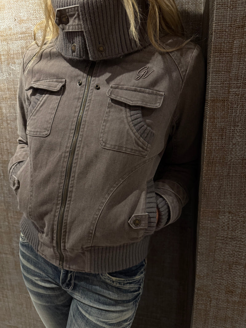 Ribbed Collar Cargo Jacket – 2000s Zip-Up Utility Outerwear with Pockets