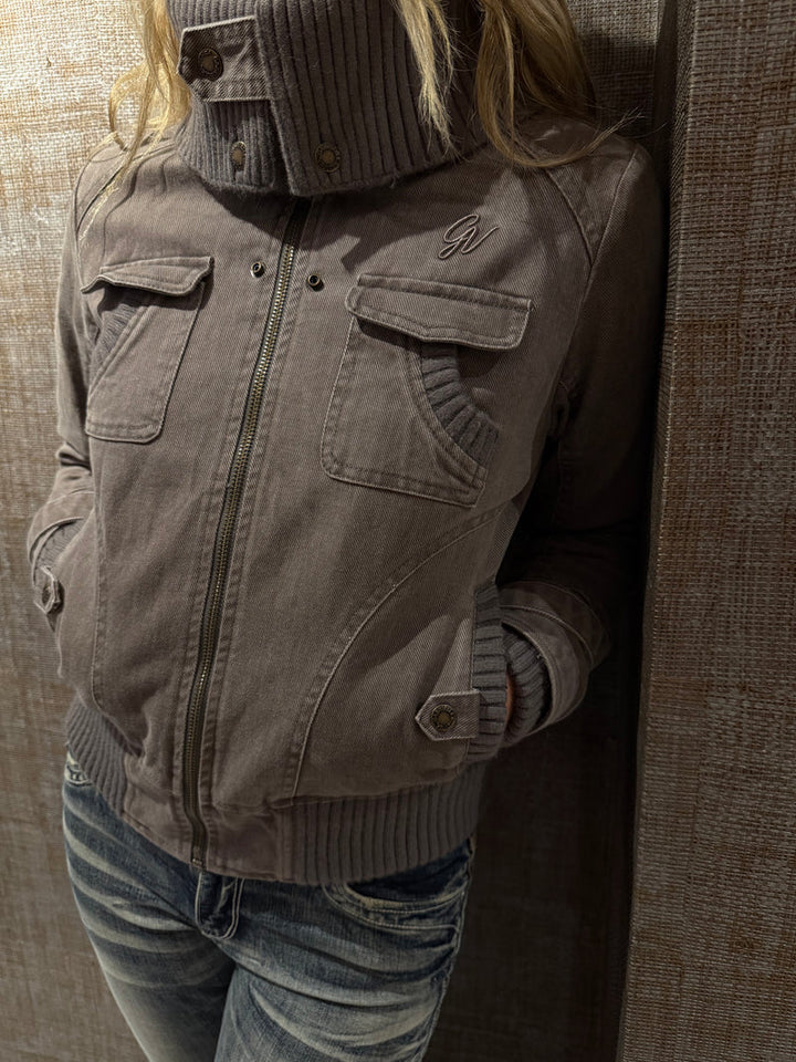 Ribbed Collar Cargo Jacket – 2000s Zip-Up Utility Outerwear with Pockets
