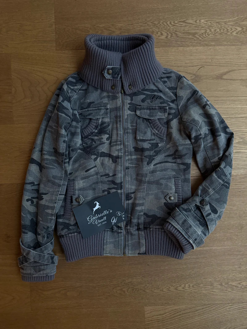 Ribbed Collar Cargo Jacket – 2000s Zip-Up Utility Outerwear with Pockets