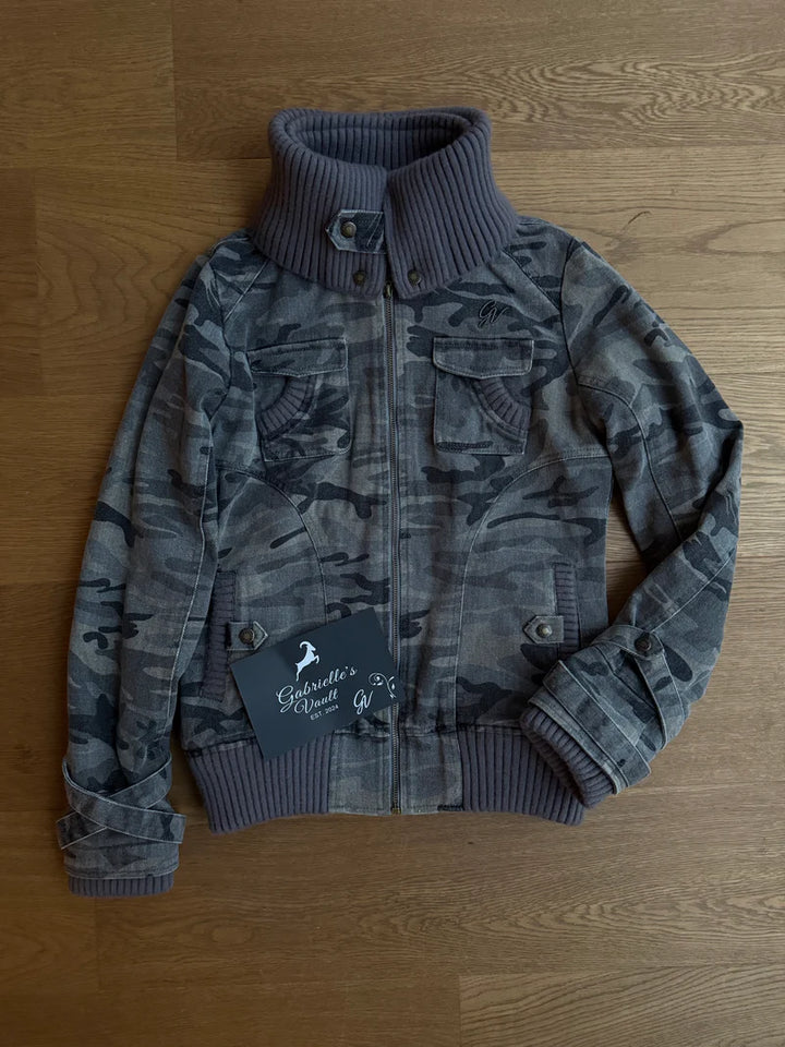 Ribbed Collar Cargo Jacket – 2000s Zip-Up Utility Outerwear with Pockets