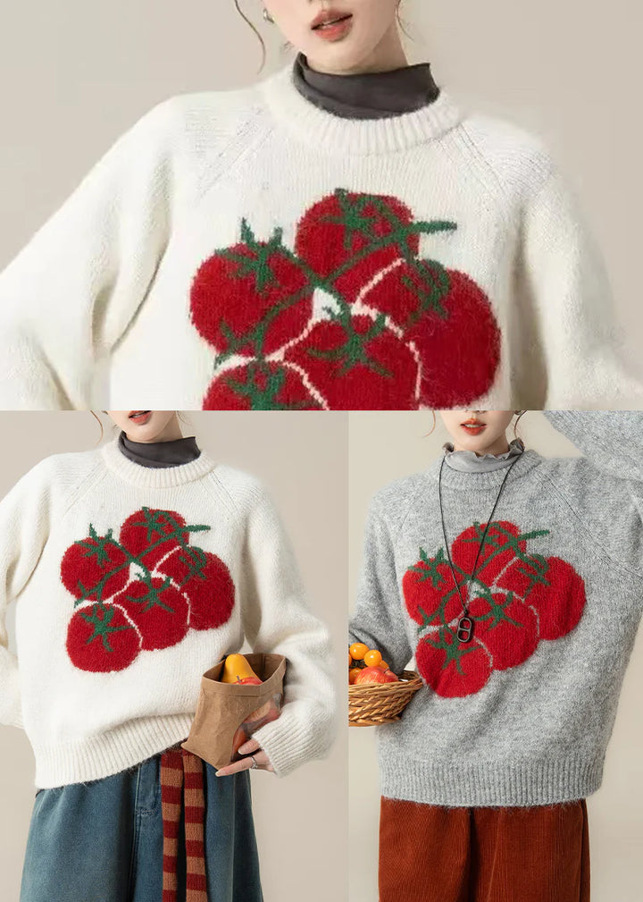 Grey Oversized Knitted Top – Chunky Winter Sweater with Tomato Print Style