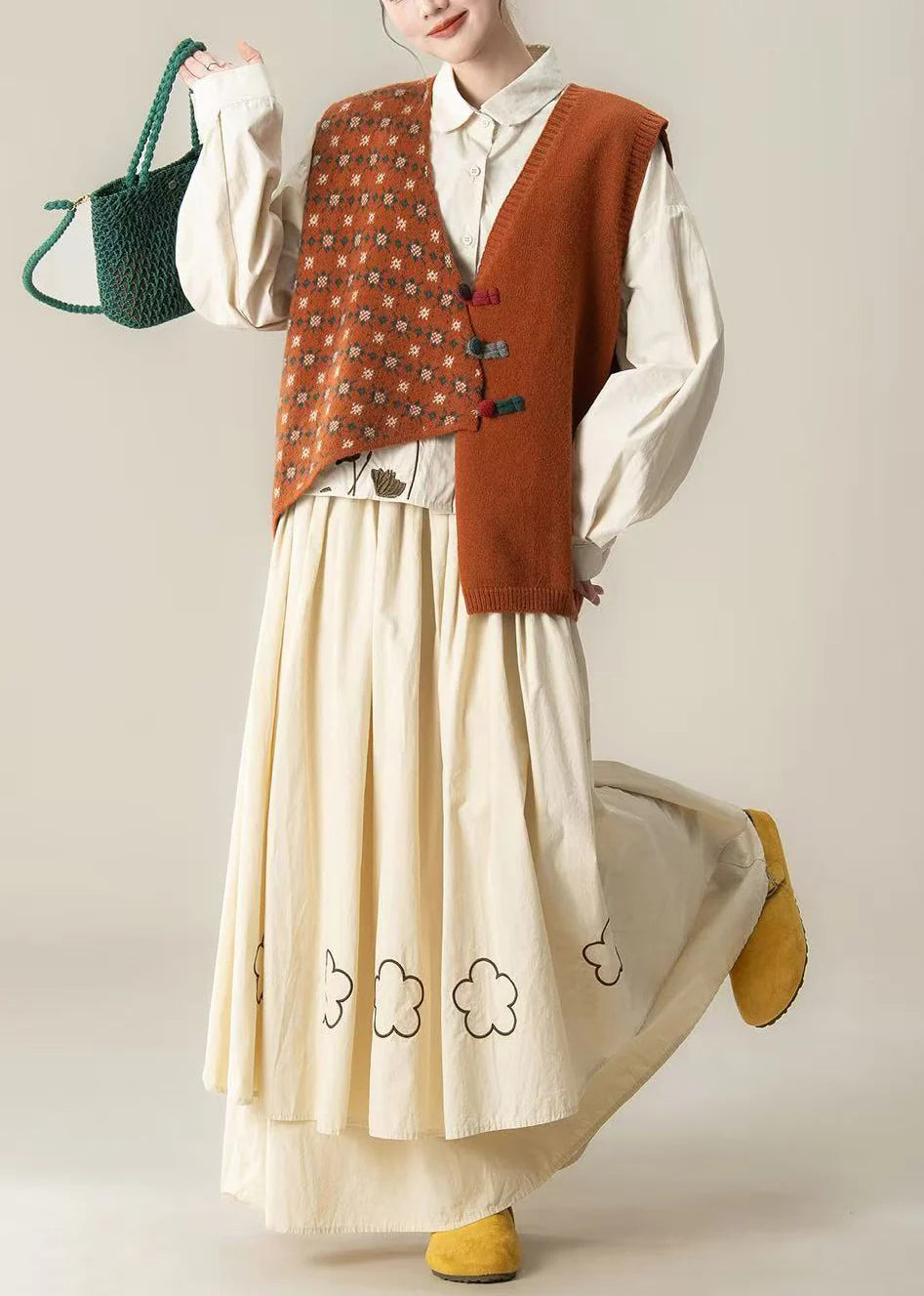 Asymmetrical Embroidered Knit Three-Piece Set – Chic Orange Spring Outfit