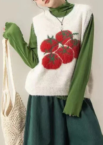White Oversized Knit Vest Top –Cozy Winter Layer with Tomato Print Style