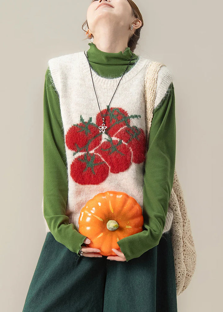 White Oversized Knit Vest Top –Cozy Winter Layer with Tomato Print Style