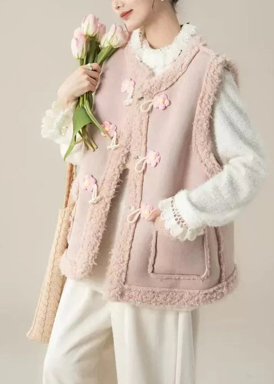Oversized Teddy Vest Jacket – Pink Patchwork Flower Toggle Winter Layer