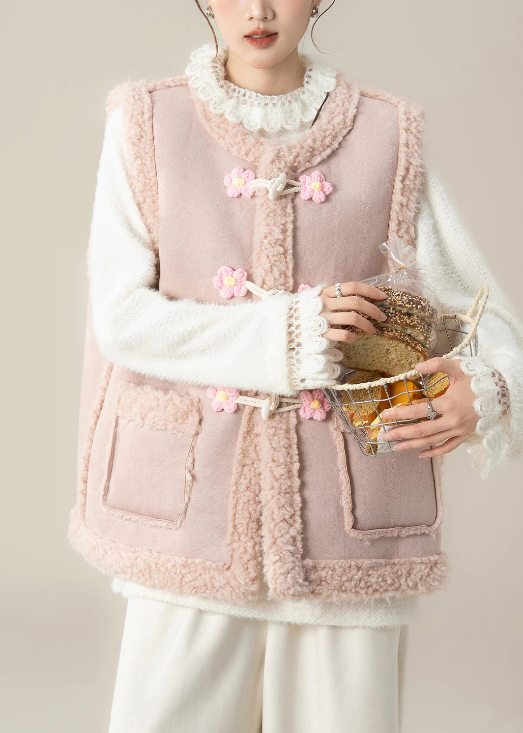 Oversized Teddy Vest Jacket – Pink Patchwork Flower Toggle Winter Layer