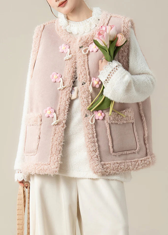 Oversized Teddy Vest Jacket – Pink Patchwork Flower Toggle Winter Layer