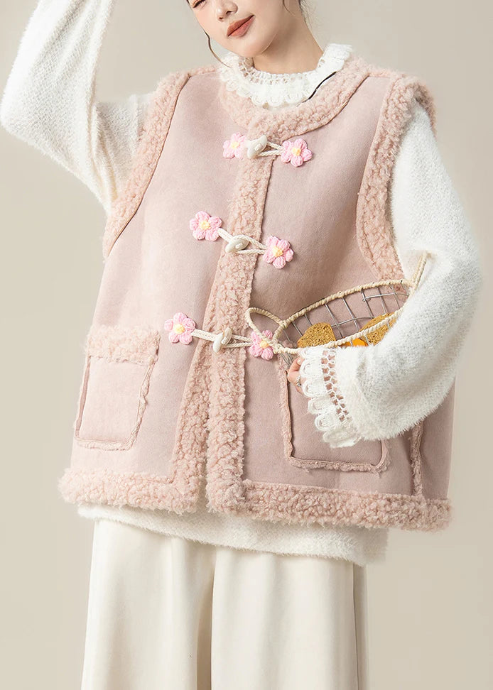 Oversized Teddy Vest Jacket – Pink Patchwork Flower Toggle Winter Layer