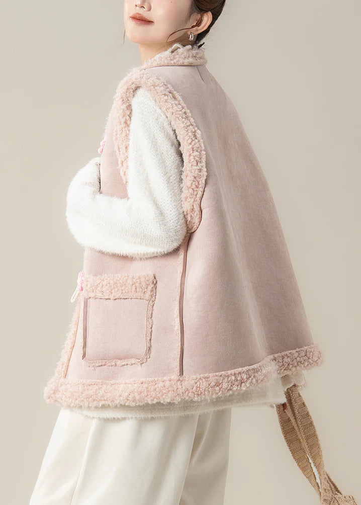 Oversized Teddy Vest Jacket – Pink Patchwork Flower Toggle Winter Layer