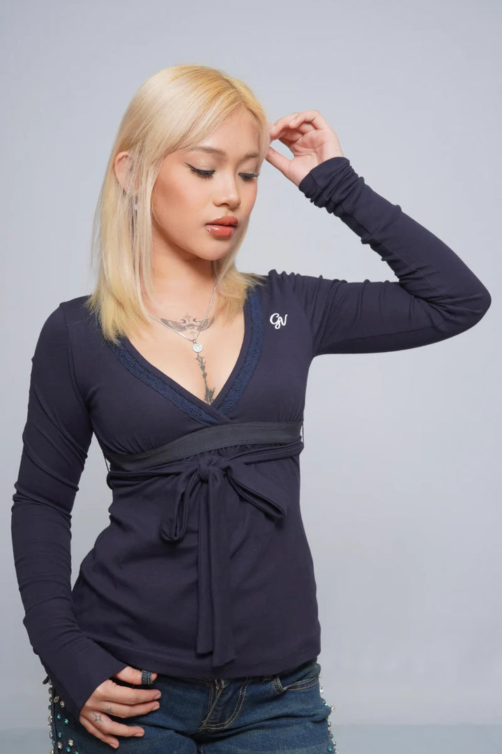 Bow Tie Babydoll Top – Wrap V-Neck Long Sleeve Stretch Waist-Tie Shirt