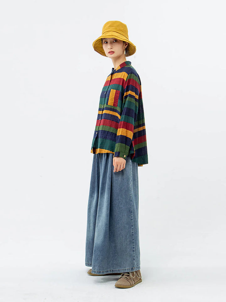 Plus Size Vintage Striped Cotton Shirt – Relaxed Long Sleeve Button-Up Top