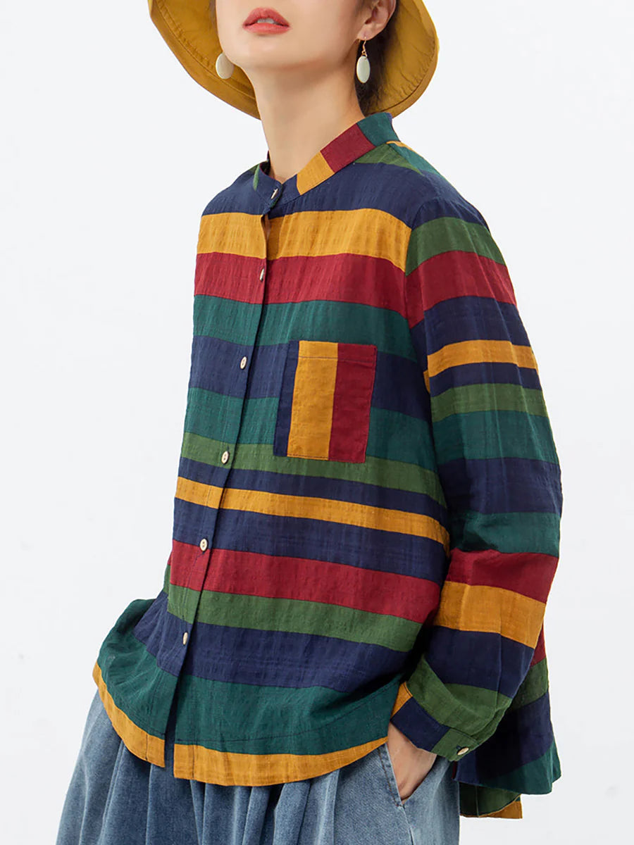 Plus Size Vintage Striped Cotton Shirt – Relaxed Long Sleeve Button-Up Top