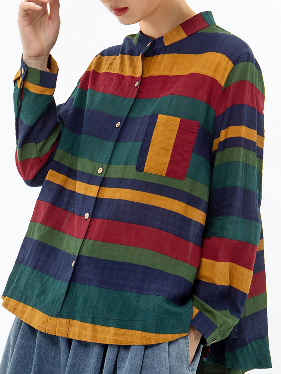 Plus Size Vintage Striped Cotton Shirt – Relaxed Long Sleeve Button-Up Top