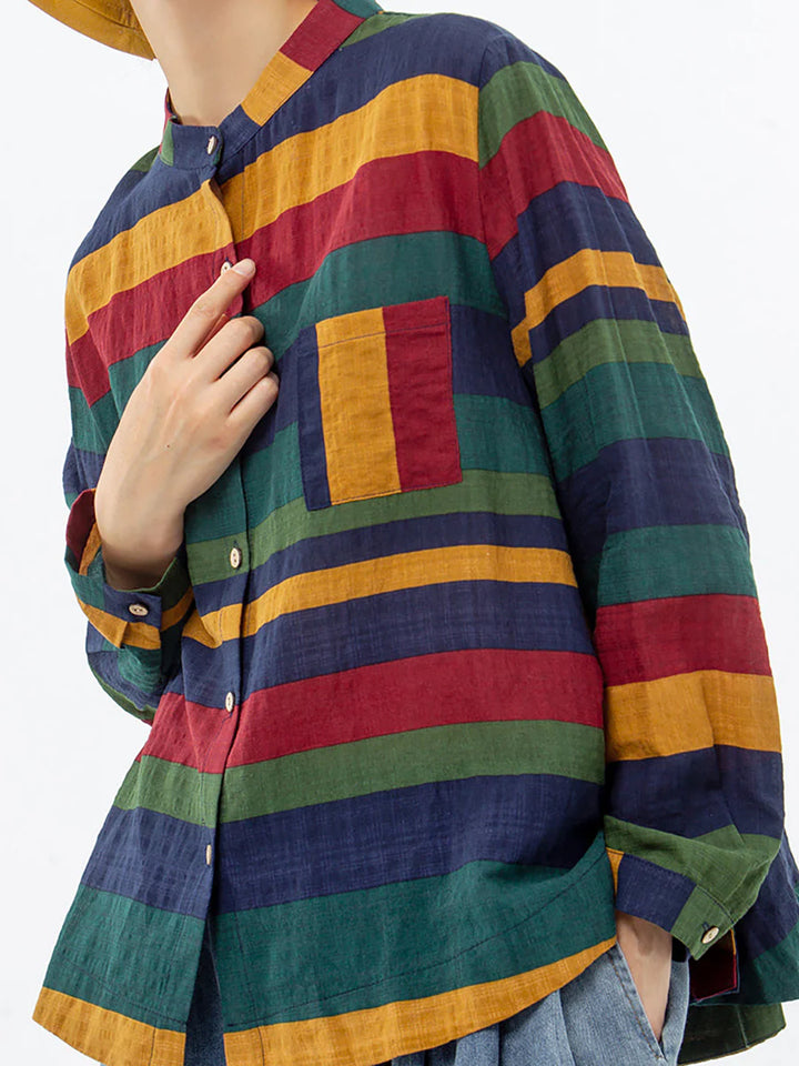 Plus Size Vintage Striped Cotton Shirt – Relaxed Long Sleeve Button-Up Top