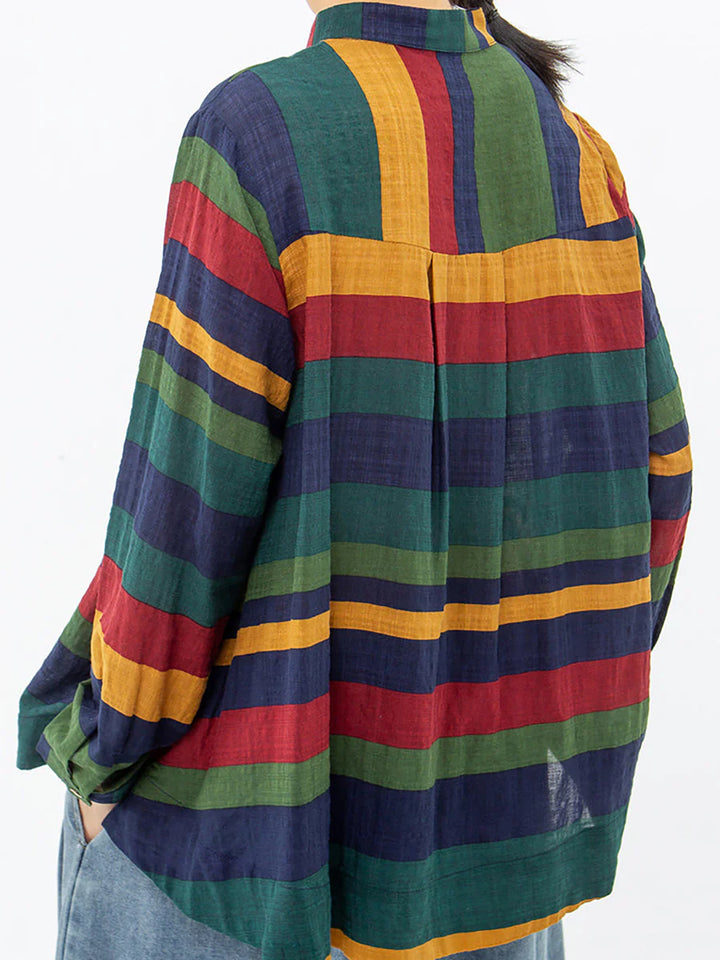Plus Size Vintage Striped Cotton Shirt – Relaxed Long Sleeve Button-Up Top