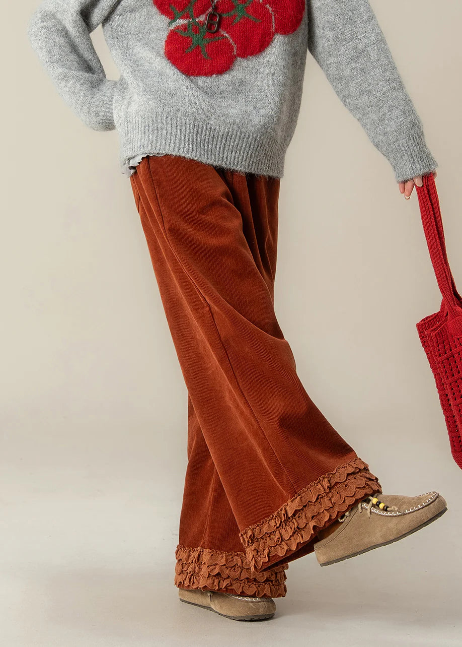 Ruffled Corduroy Straight Pants – Oversized Brick Red Spring Trousers